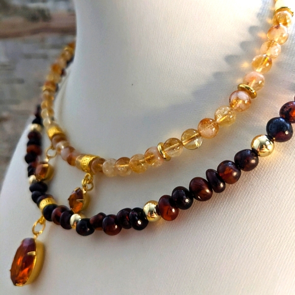 11 Carats Natural Whiskey Citrine & Baltic Amber Two Strand Choker Necklace - Picture 3 of 9